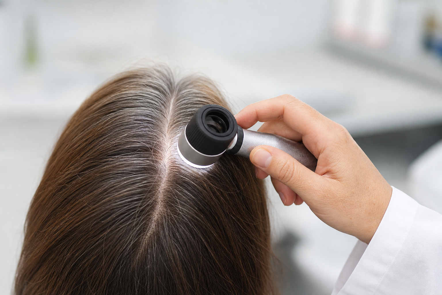 Trichoscopy of the scalp: examination of a woman’s centre parting with a dermatoscope