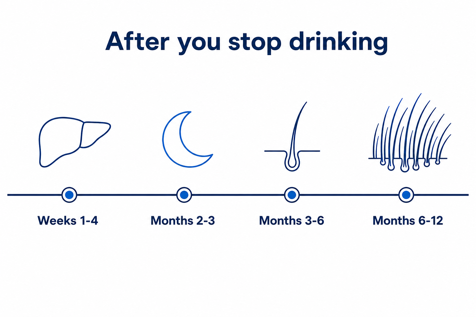 Timeline after quitting alcohol with four stages from week 1 to month 12 and increasing hair density