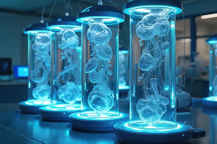 Futuristic laboratory with bioreactors and cell cultures – representation of modern research on cell reproduction