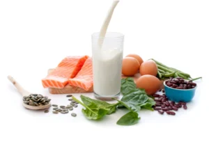 A variety of protein-rich food sources, including salmon, milk, spinach, and seeds.