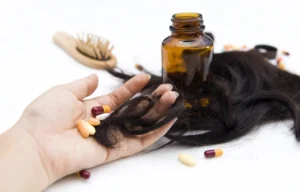 A woman holds several pills and some of her lost hair in her hand, with more pills, a medication bottle, strands of hair, and a brush in the background.