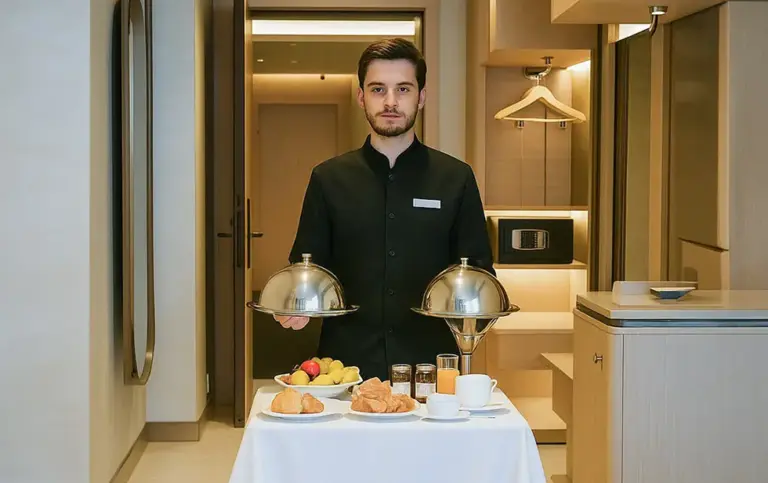 A member of the Elitoria Hotel staff at room service