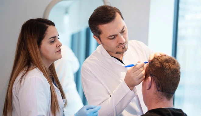 Dr. Balwi and specialist drawing hair line for a patient