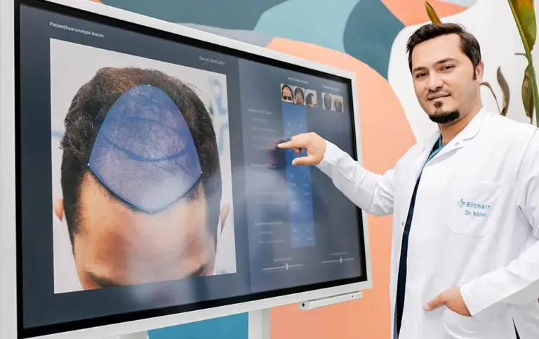 Elithair's Dr. Balwi making a hair analysis
