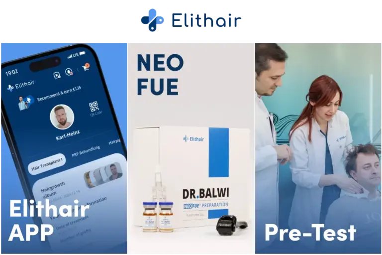 Image showing the Elithair app, the NEO FUE kit, and a hair analysis supervised by Dr Balwi