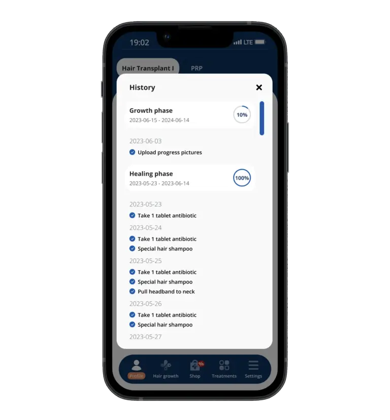 The schedule screen of the Elithair app for hair transplantation