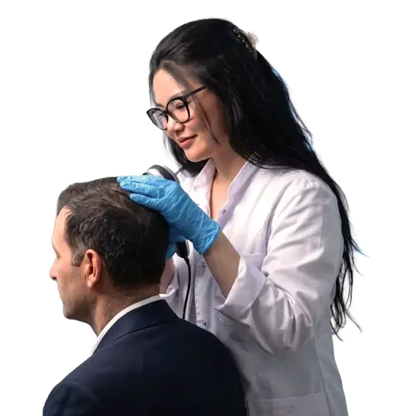 Pre-test hair analysis before hair transplant showing scalp examination and assessment of hair density and condition