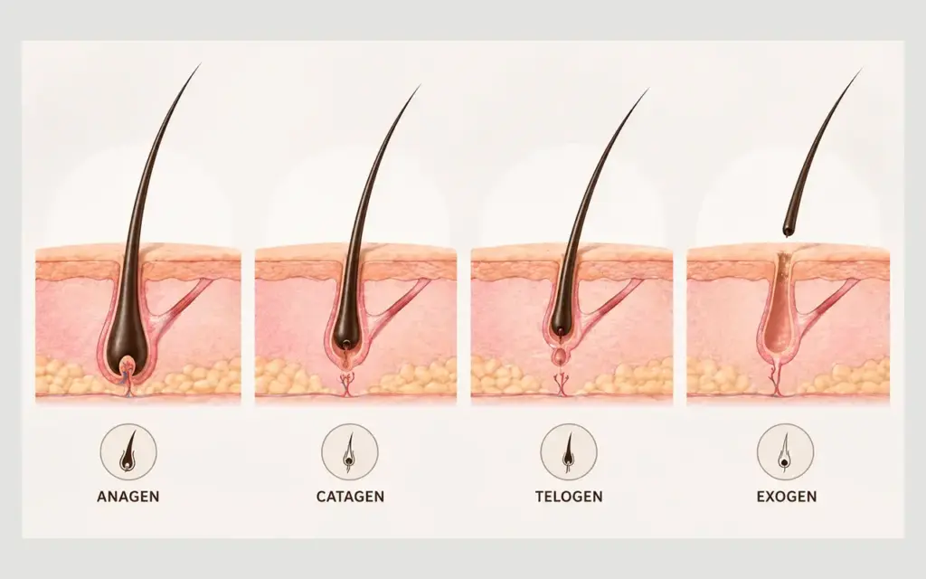 Diagram illustrating the phases of the hair growth cycle including anagen, catagen, and telogen stages with labeled transitions