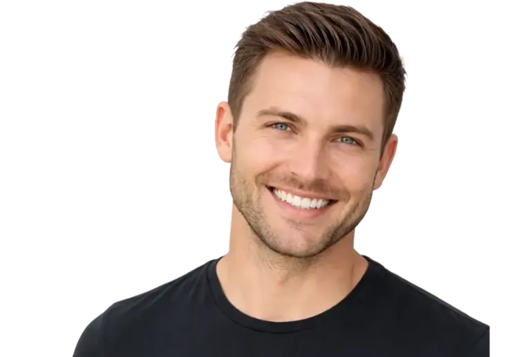 Natural close-up of a man with full, thick hair and a perfectly shaped hairline after a hair transplant, smiling against a white background - post-hair transplant