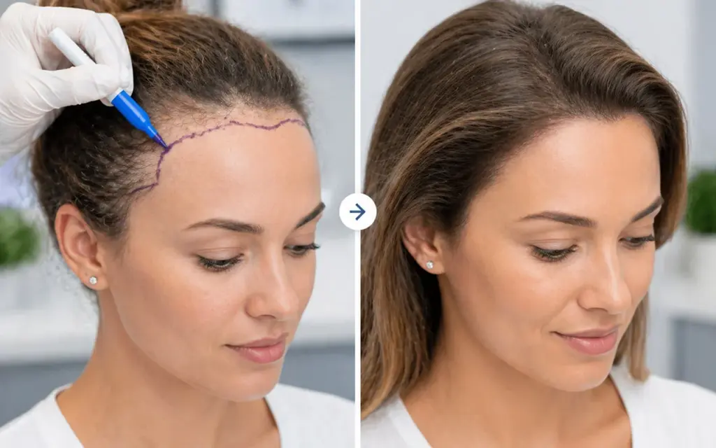 Before and after comparison of a European woman with traction alopecia showing hair regrowth and improved hairline after treatment