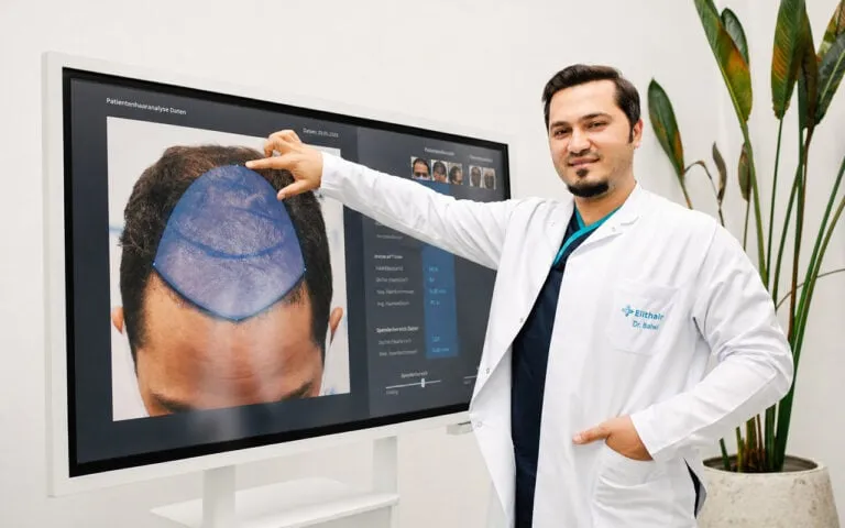 Dr. Balwi reviewing digital hair analysis results on a screen to assess hair loss and plan treatment