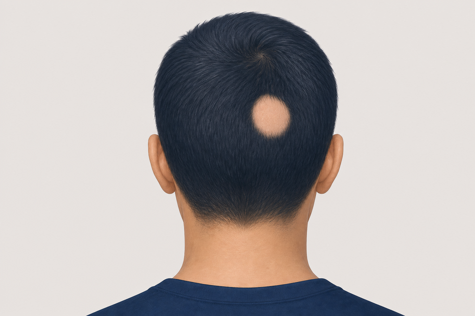 Illustration eines kreisrunden, scharf begrenzten kahlen Areals am Hinterkopf bei Alopecia areata