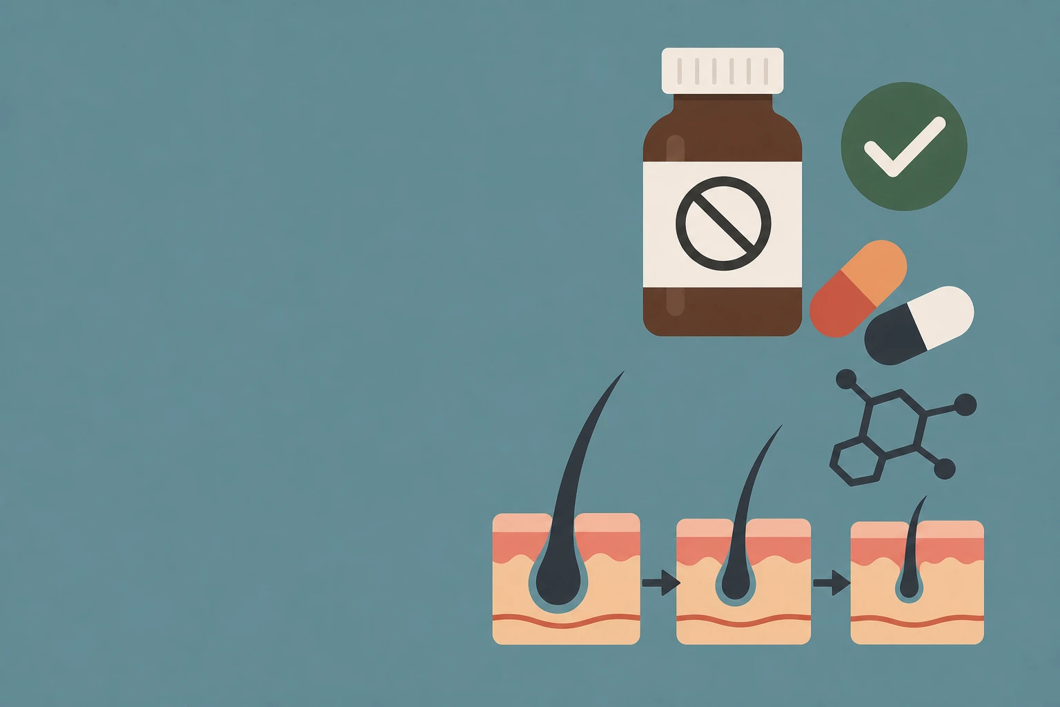 DHT blocker treatment for hair loss: pill bottle, supplements and follicle miniaturization