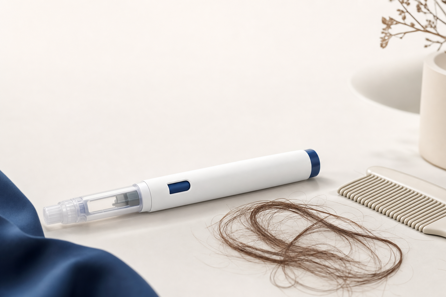 A weight-loss injection pen beside a few loose strands of hair.