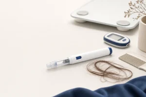 Mounjaro injection pen next to a hairbrush with shed hairs, illustrating hair loss on tirzepatide