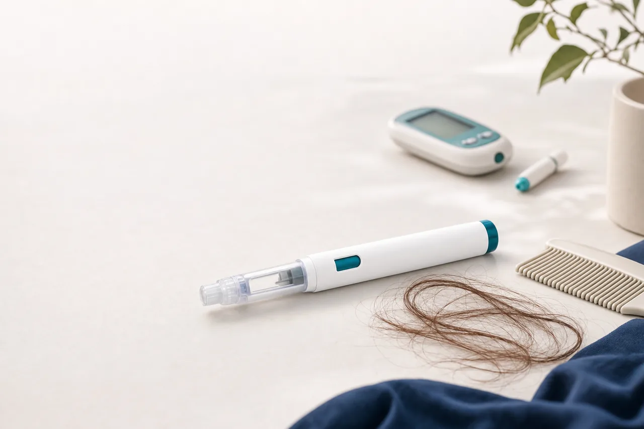 Ozempic pre-filled pen next to a hairbrush with shed hairs, symbolizing hair loss on semaglutide