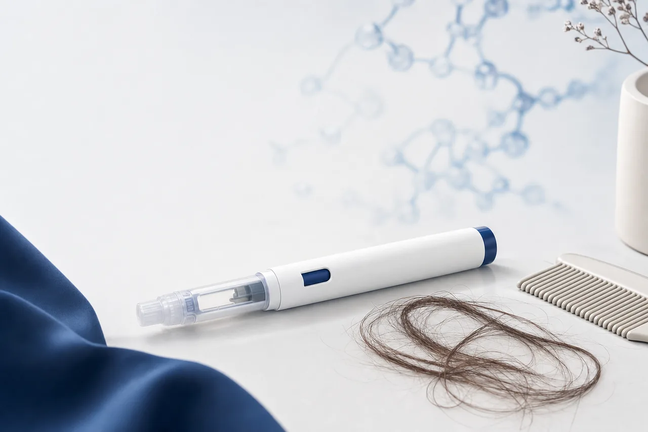 Semaglutide pen beside shed hairs on a light background, illustrating hair loss from the weight-loss shot