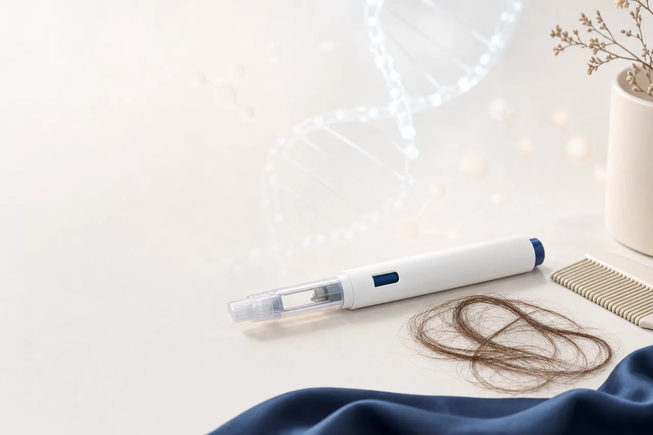 Tirzepatide injection pen next to a hairbrush with shed hairs, symbolizing hair loss on Mounjaro and Zepbound