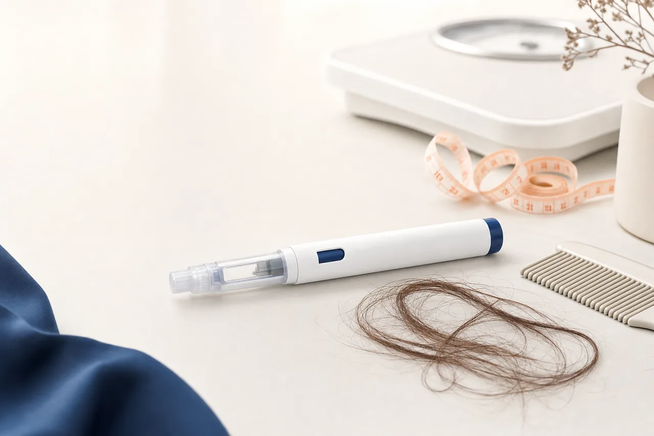 Wegovy pen and a hairbrush with shed hairs, illustrating hair loss on semaglutide 2.4 mg