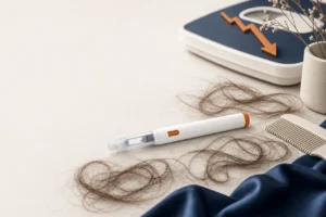 Zepbound injection pen beside a hairbrush with hair, illustrating hair loss on tirzepatide
