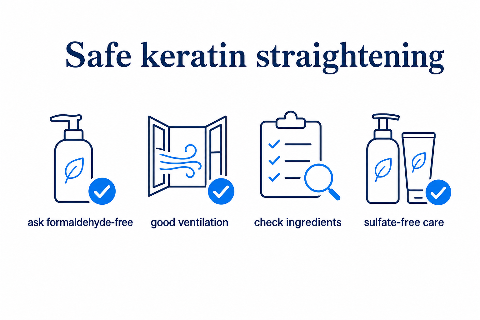 Checklist graphic for safe keratin straightening with notes on formaldehyde, ventilation and care