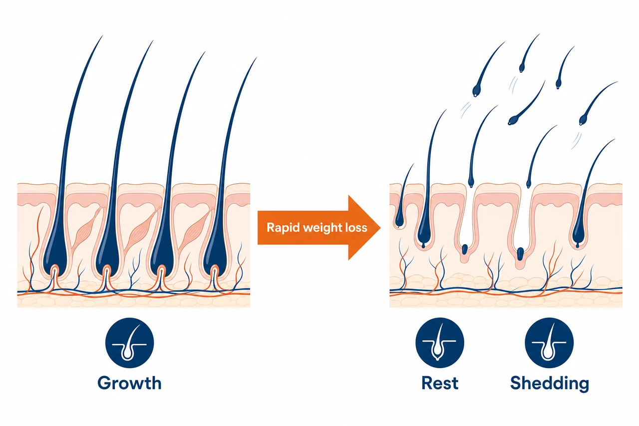 Diagram of the mechanism: semaglutide leads to telogen effluvium through rapid weight loss and nutrient deficiencies