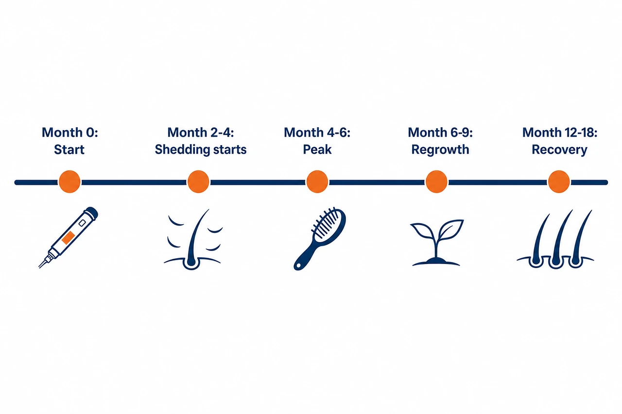 Timeline of hair loss on semaglutide: latency, shedding from 2 to 4 months, peak, regrowth after 6 to 12 months