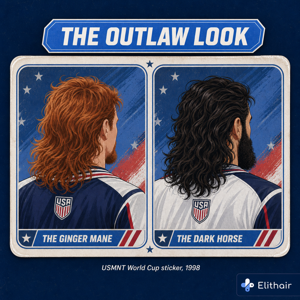 Retro double trading card, two faceless USMNT players from behind, one with shaggy ginger hair, one with a long dark mane and full beard
