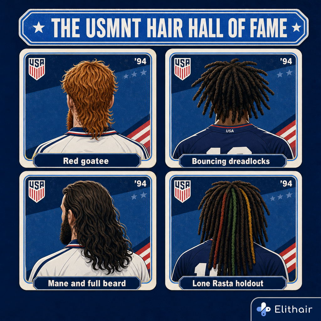 Gallery grid of four faceless players from behind in retro sticker frames: ginger mane with goatee, bouncing dreadlocks, long wavy hair with full beard, long Rasta dreads