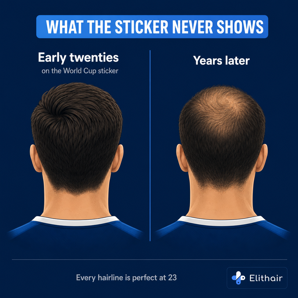 Documentary side-by-side of one faceless man from behind: a full hairline in his early twenties on the left, a receding hairline years later on the right