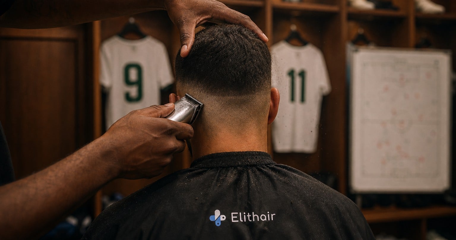 Player getting a fresh cut from the team barber in the locker room