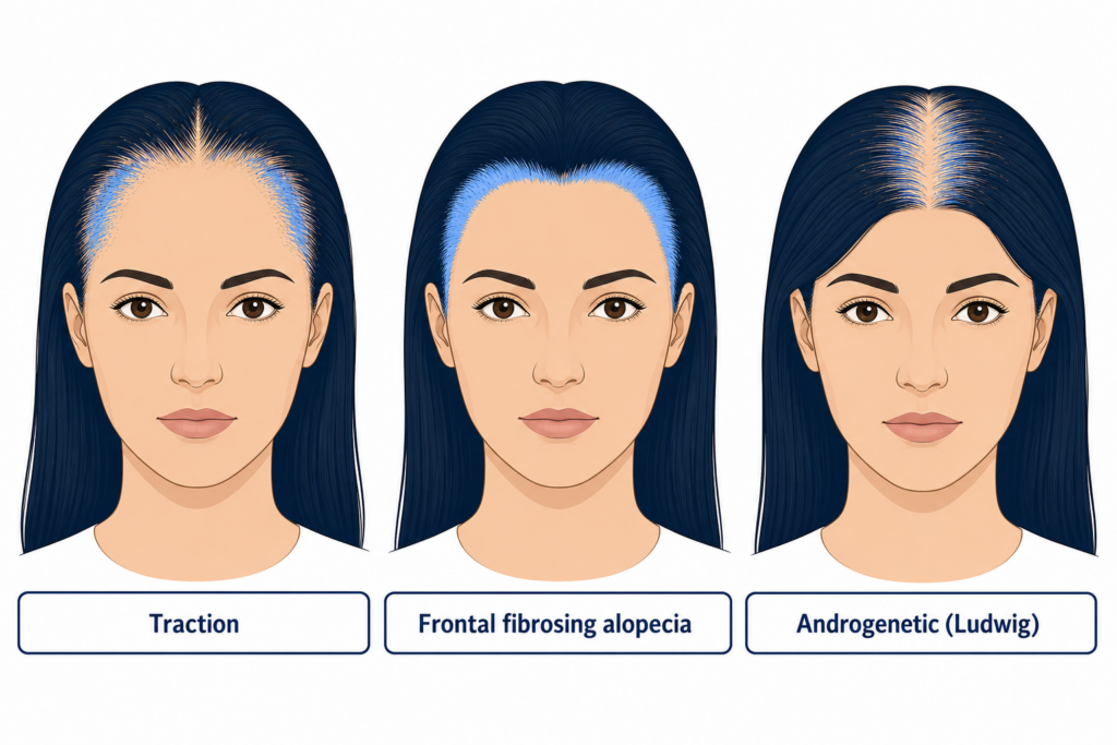 Three female head diagrams compared: traction, frontal fibrosing alopecia and the androgenetic Ludwig pattern