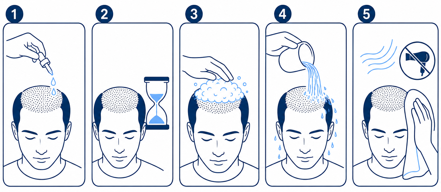 Five steps for washing your hair after a hair transplant: lotion, soaking time, foam, rinsing with a cup, patting dry