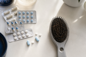 Tablettenblister und Kapseln neben einer Haarbürste mit ausgefallenen Haaren als Symbol für Haarausfall durch Medikamente