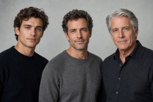 Three men of different ages side by side, each with healthy, natural hair