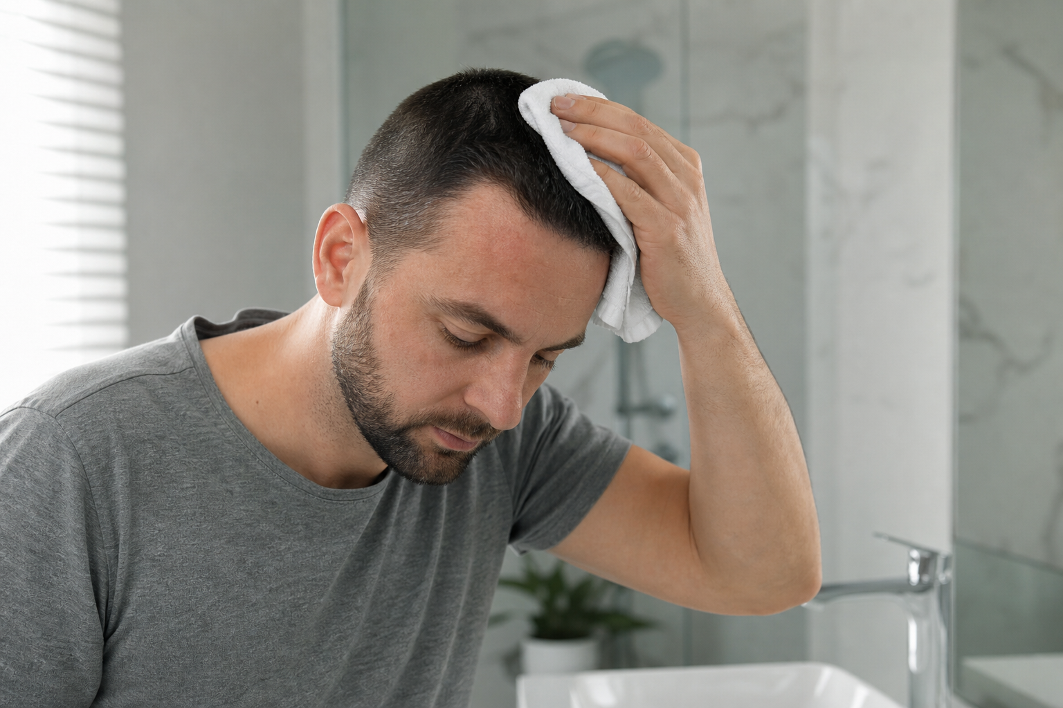 Man carefully patting his scalp dry with a towel after a hair transplant
