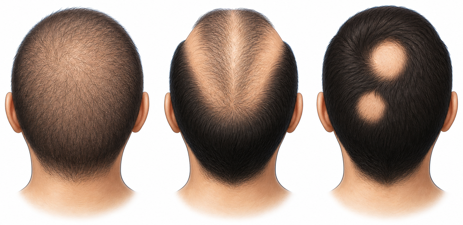 Illustration of three hair loss patterns: diffuse thinning, pattern loss at the crown, and round bald patches