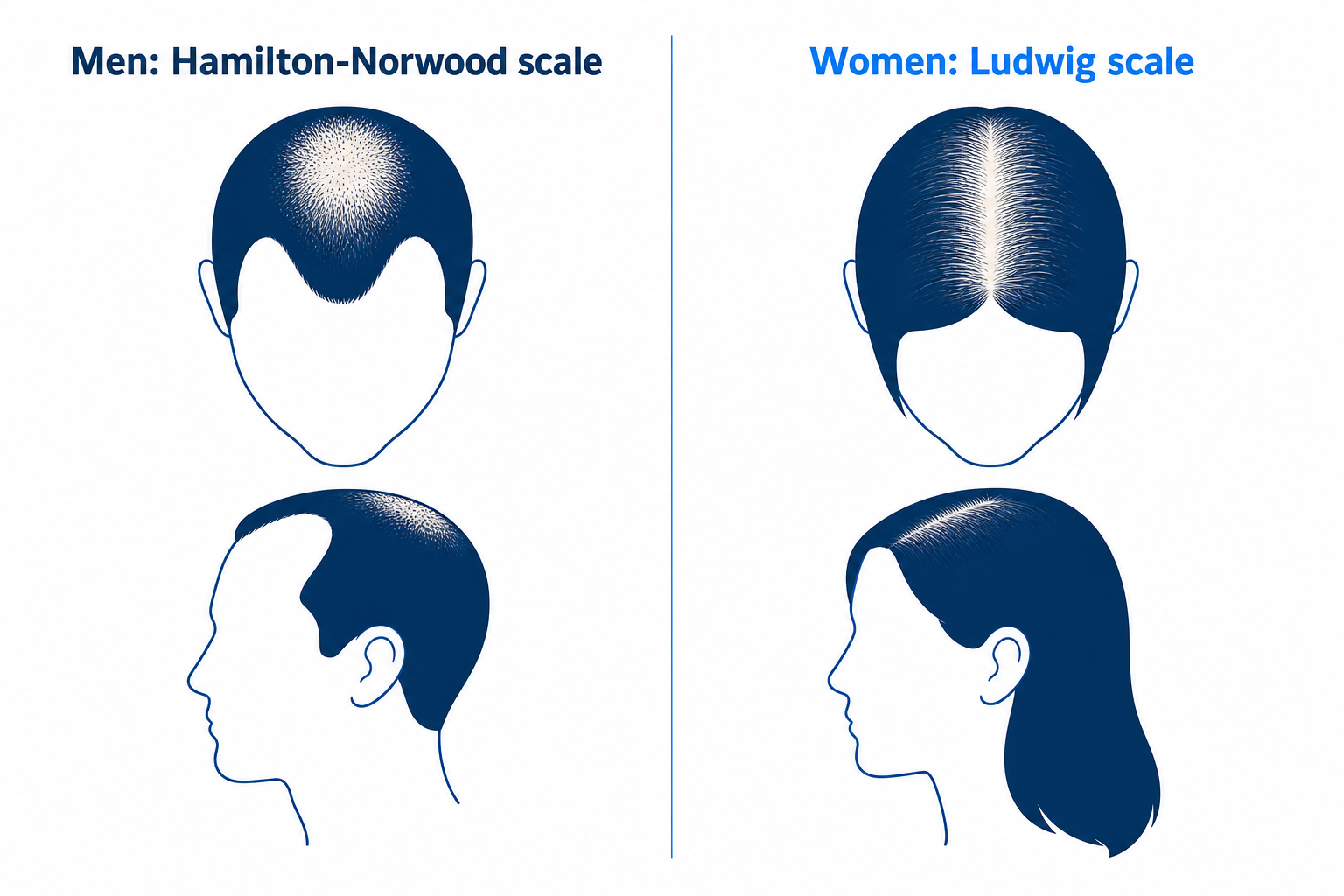 Comparison of the androgenetic hair loss patterns in men (Hamilton-Norwood scale) and women (Ludwig scale) side by side