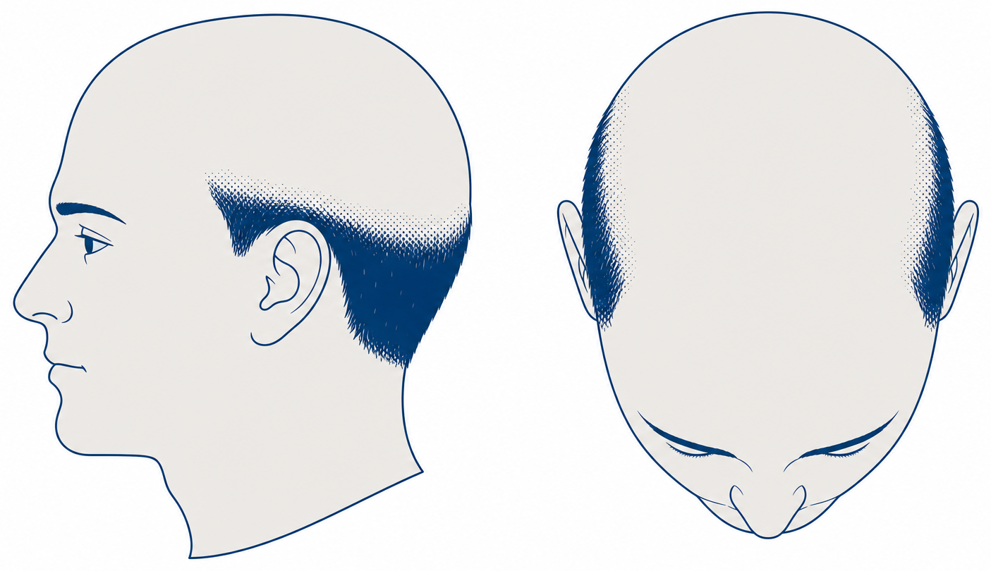 Norwood 7 in profile and from above: bald top of the head, only a narrow rim of hair left