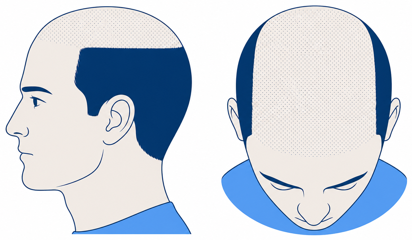 Norwood Type A in profile and from above: hairline moved back evenly without an M shape