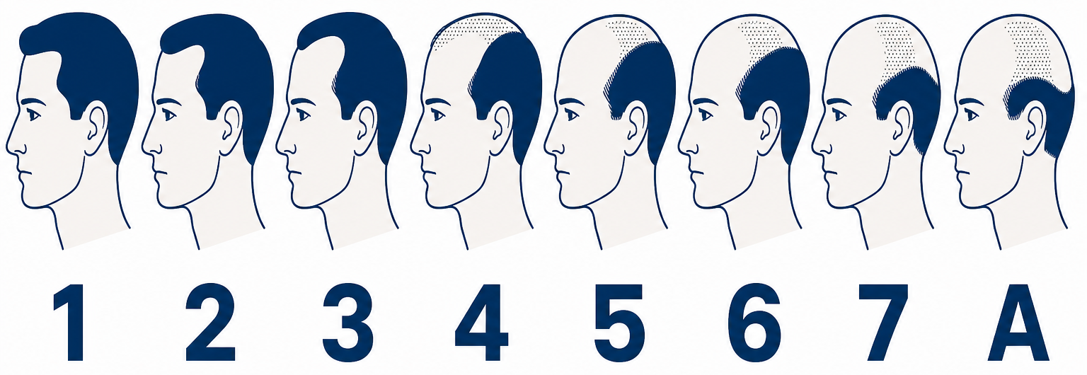 All Norwood stages 1 to 7 and Type A in one row: progressive hair loss from the youthful hairline to the rim of hair