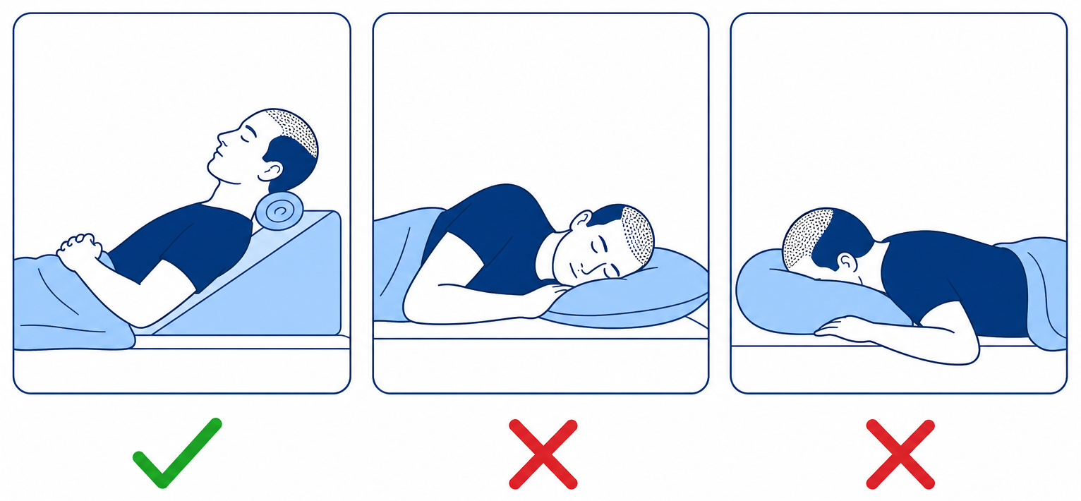 Illustration: the correct position on your back with the upper body elevated, and two incorrect sleeping positions after a hair transplant