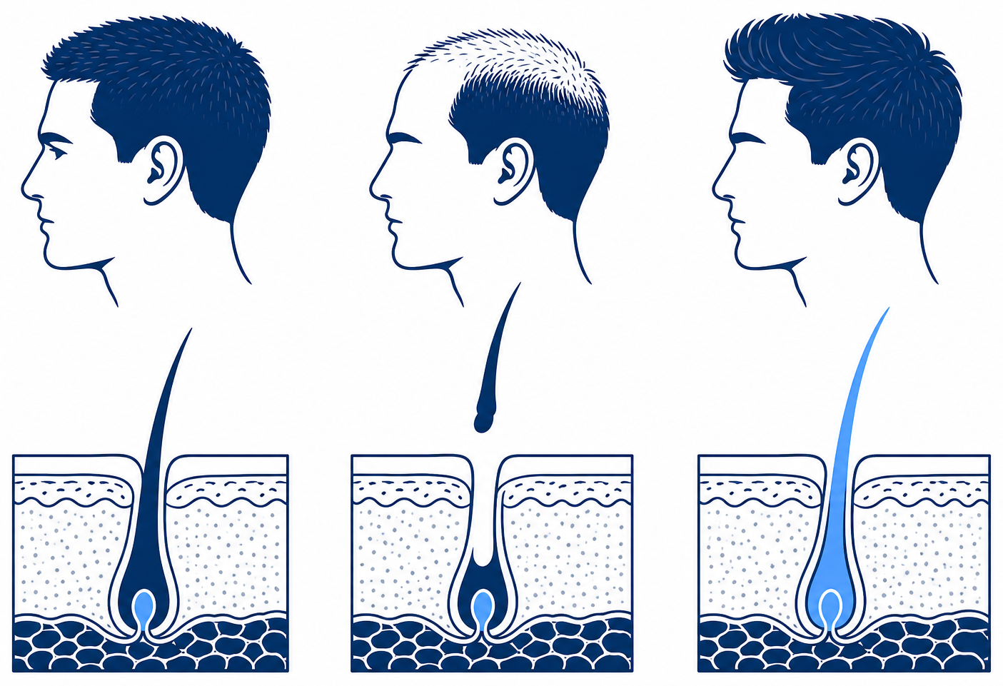 Illustration: shedding and new growth after a hair transplant, the hair root stays in the scalp