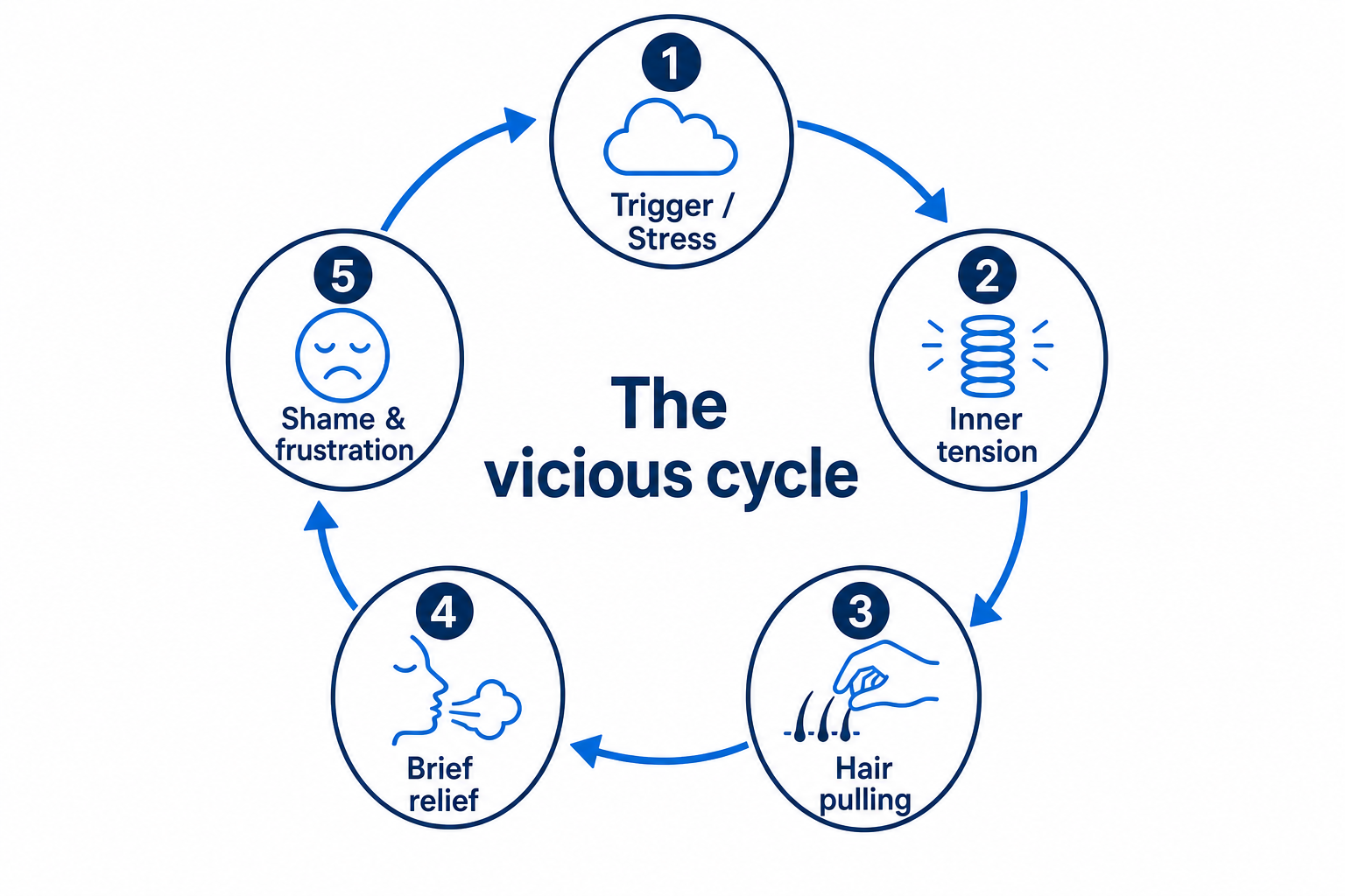Cycle graphic of the vicious circle of trichotillomania: trigger, tension, pulling, relief, shame