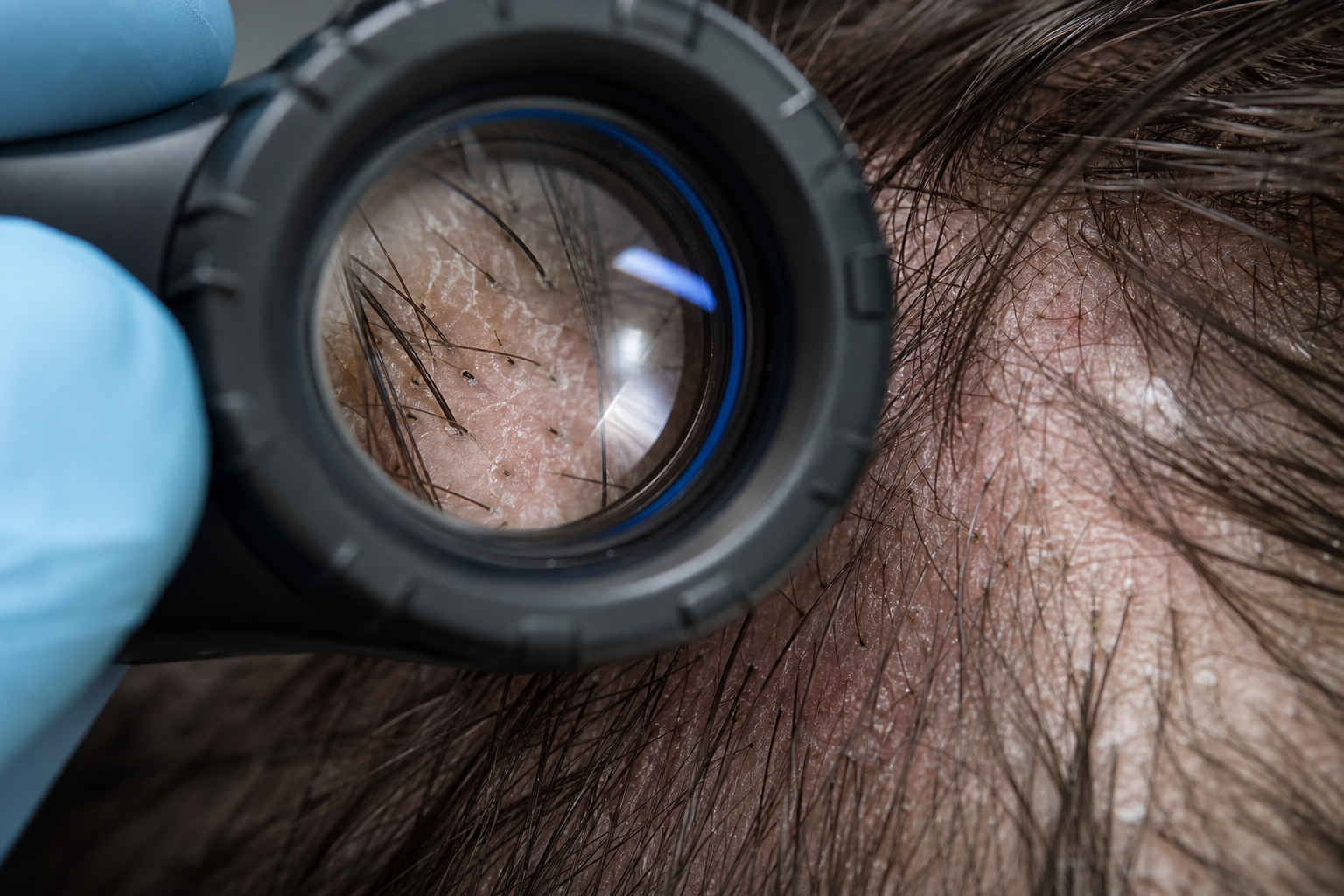 Close-up of trichoscopy: a dermatoscope on the scalp between the hairs