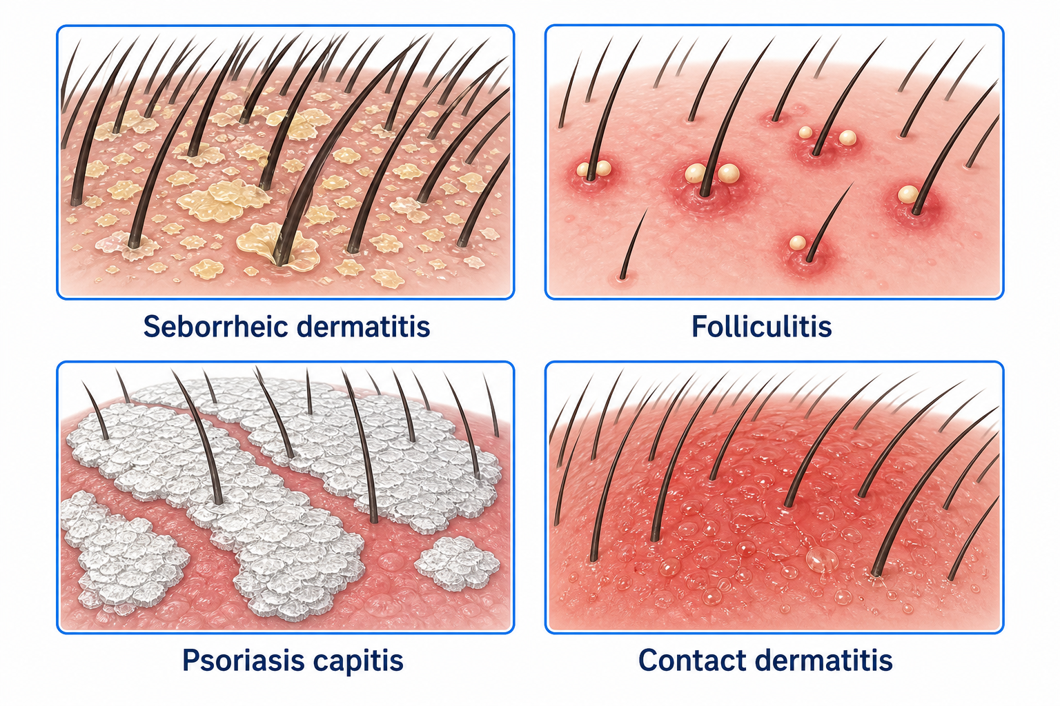 Comparison of the four most common forms of scalp inflammation: seborrheic dermatitis, folliculitis, psoriasis capitis, and contact dermatitis
