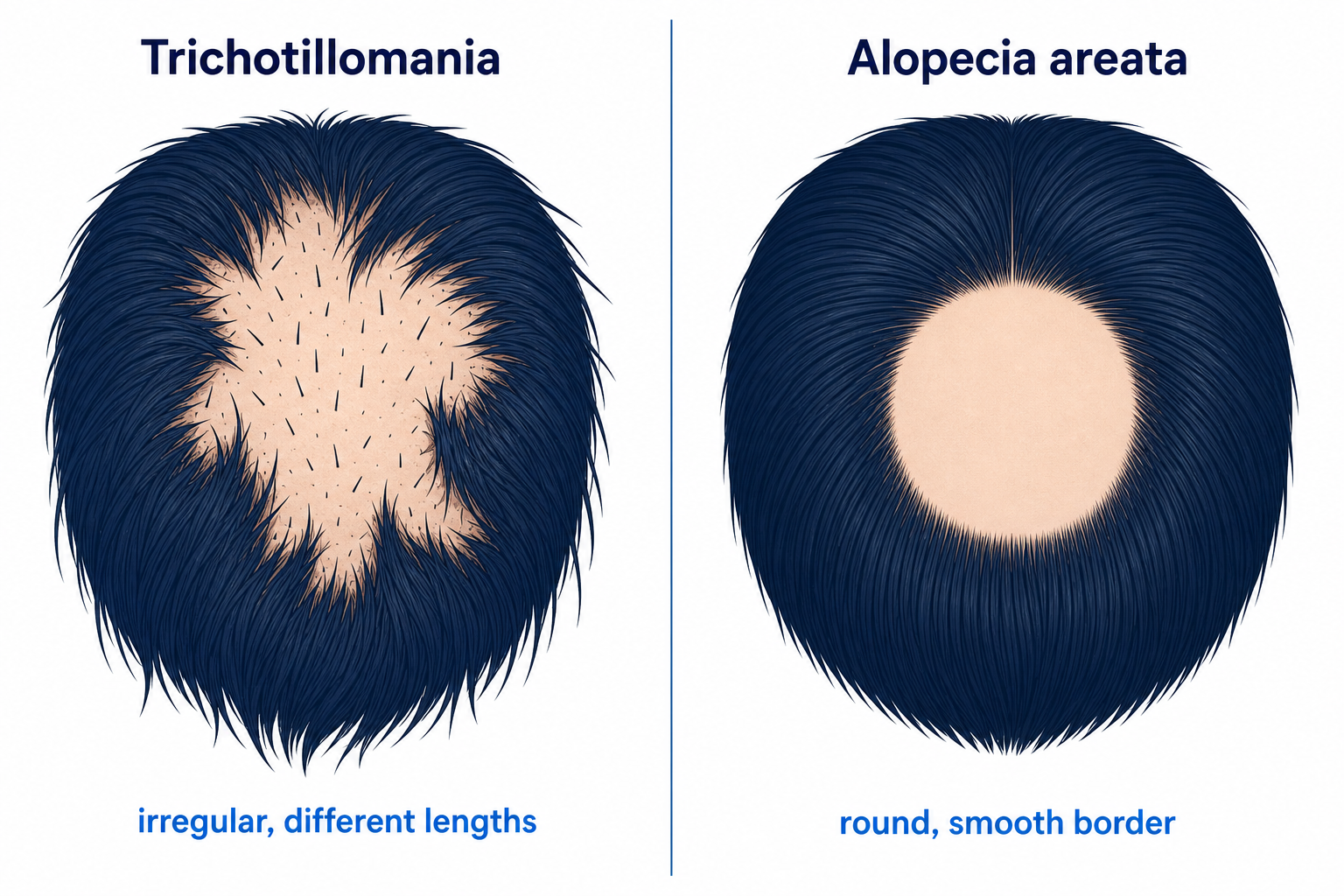 Comparison of trichotillomania and alopecia areata: irregular patch with hairs of different lengths versus a round, smooth bald spot