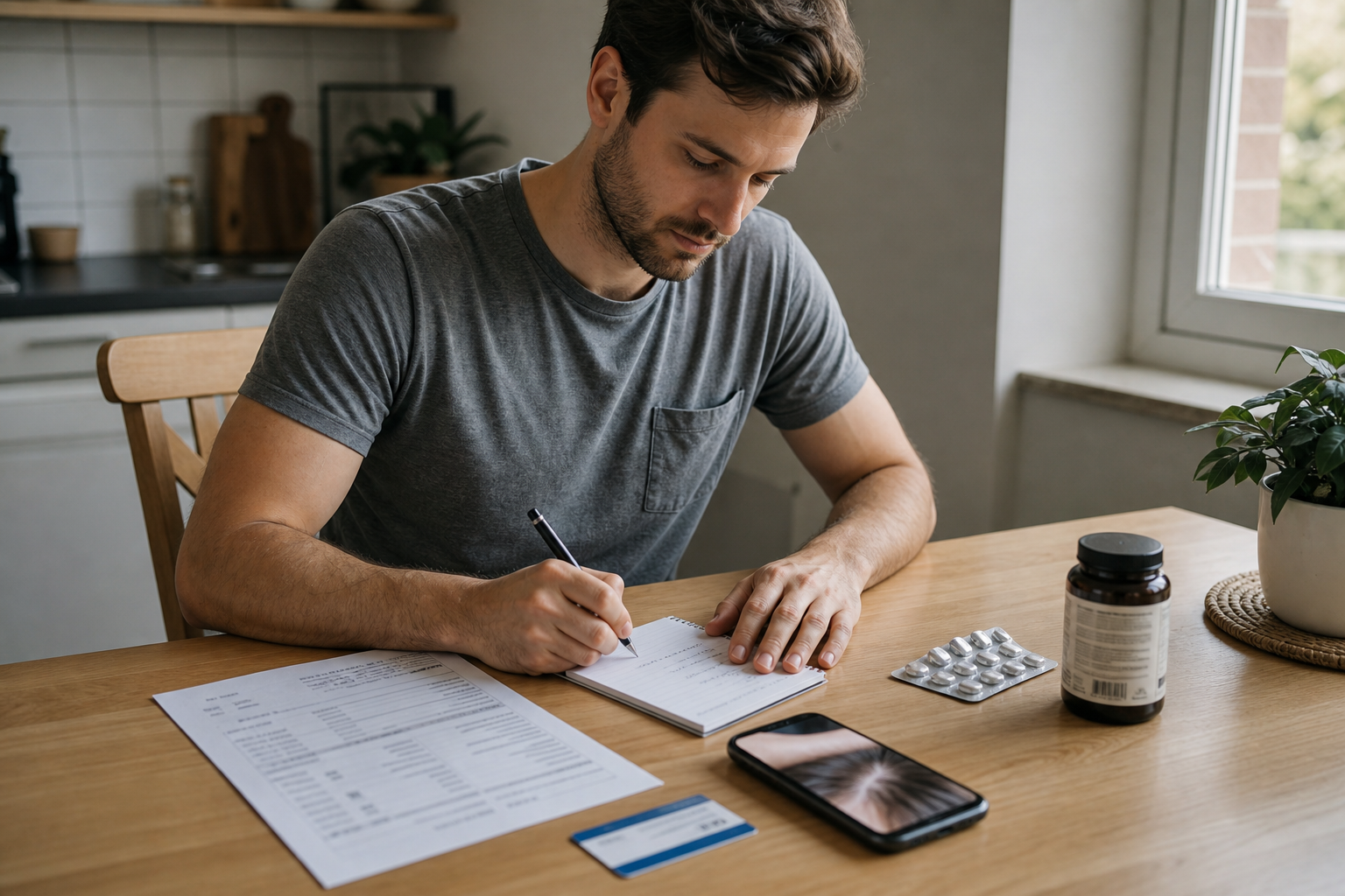 Man preparing for his doctor's appointment: medication list, lab report and scalp photos on his smartphone