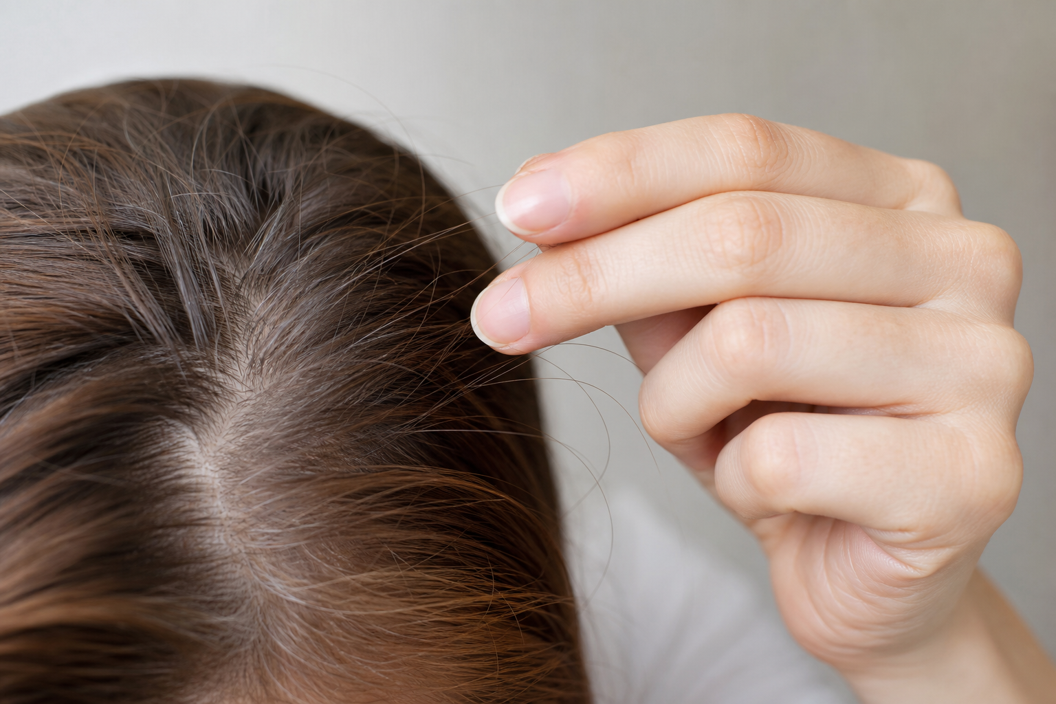 Hand performing a pull test on a strand of hair