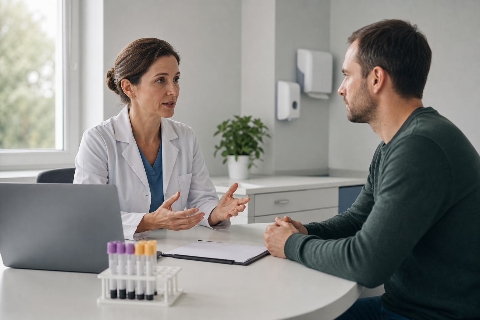 A physician goes through blood values with a patient, with blood collection tubes on the desk